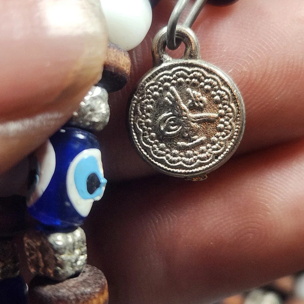 Evil Eye Wood Bead Wrap Bracelet Triple Strand Boho Protection Charm Blue White